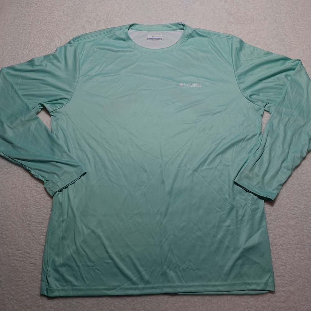 Little Stain Columbia Terminal Tackle PFG Shirt Men Large Aqua Florida Fish Flag